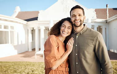Image showing Portrait, couple and outdoor of new home, real estate and happy for moving to residential property. Man, woman and hug in garden of house for investment, mortgage loan and homeowner in neighborhood
