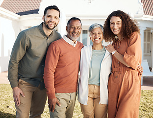 Image showing Happy family, parents and portrait of couple at new home due to real estate laughing together and bonding as love. Outdoor, man and woman with elderly people with happiness for quality time at house