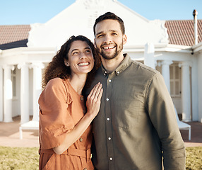 Image showing Portrait, couple and hug outdoor of new house, real estate and happy for moving to residential property. Man, woman and homeowner smile in garden for investment, mortgage loan and dream neighborhood