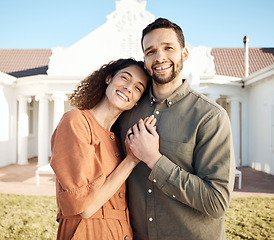 Image showing Happy couple, portrait and hug outdoor of new house, real estate and moving to rent residential property. Man, woman and homeowner in backyard for loan investment, mortgage finance and neighborhood