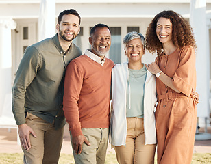 Image showing Family, parents and portrait of couple at a new home due to real estate happy together and bonding as love or care. Outdoor, man and woman with elderly people with happiness for quality time at house