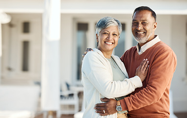 Image showing Portrait, mature couple and smile by home, bonding and having fun together. Happy face, Indian man and woman in healthy relationship, connection and support in trust for love in retirement at house