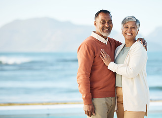 Image showing Beach, mockup and portrait of senior couple on vacation or holiday together and happy with love in nature at sea. Elderly, man and woman relax with happiness, care and smile on retirement bonding