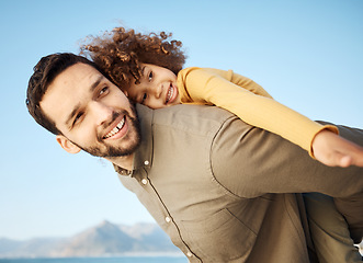 Image showing Father, child and piggyback, happiness outdoor with bonding and hug, fun and games together. Man, young girl and playing, summer and smile with care, love and support with parenting and childhood