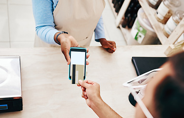 Image showing Credit card, store payment and above hand with cashier, machine and transaction in a retail shop. People, ecommerce and shopping with electronic pay, fintech and customer with purchase and tech