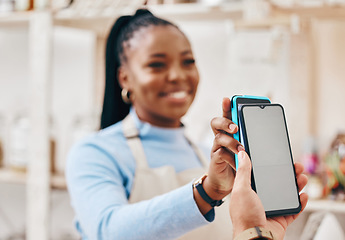 Image showing Fintech, black woman and payment with smartphone screen, finance or service with cashless transaction. Business, shop assistant or cashier with machine, cellphone or technology with service or buying