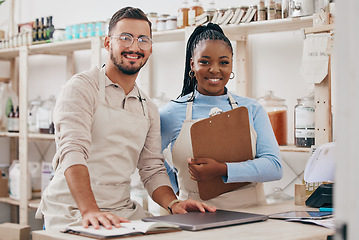 Image showing Grocery store, staff portrait and inventory checklist for a sustainable small business. Workers, job notes and retail management planning in eco friendly and fair trade shop with happy employees