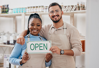Image showing Open sign, partnership and team in small business or grocery store happy for service in a retail shop with board. Smile, management and portrait of entrepreneur ready for operations with billboard
