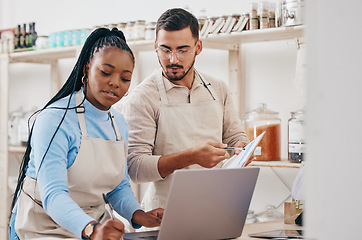 Image showing Grocery store, staff and inventory checklist with laptop at a sustainable small business. Workers, stock information and retail management planning in eco friendly and fair trade shop with employees