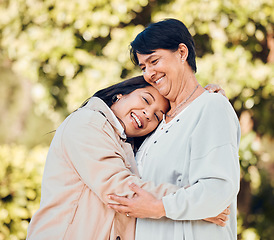 Image showing Mom, woman and portrait of hug in garden with love and happiness on mothers day or bonding with mother in retirement. Happy, family and embrace outdoor, backyard or together on holiday or vacation