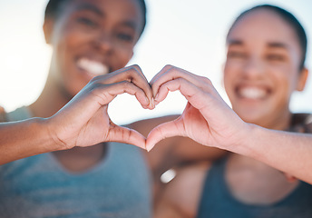 Image showing Friends, fitness and closeup, women with heart hands and emoji, wellness and health, support and love sign outdoor. Happiness, care and exercise, cardio and sports, healthy and workout together