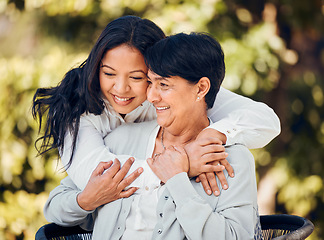 Image showing Woman, hug and mature mother in garden with love on mothers day or women bonding with care for mom in retirement. Happy, family and embrace outdoor, backyard or together on holiday or vacation