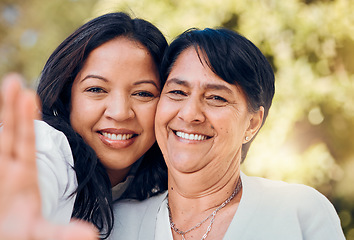 Image showing Woman, mother or selfie portrait in nature on mothers day taking photograph for memory, support or love. Social media, pictures or face of mom with a happy daughter in park together on family holiday