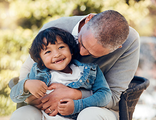 Image showing Boy, hug and bonding with senior man in park for fun, support and summer break in nature. Kid, happy or excited child with grandfather on garden bench for love, trust and together in backyard embrace