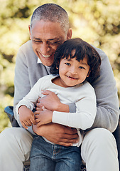 Image showing Boy, hug and portrait with senior man in park in support, summer break and Mexican nature. Kid, happy or child bonding with grandfather on garden bench for love, trust or together in backyard embrace