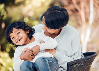 Image showing Boy, laughing or grandmother portrait in park for bonding, support or summer break in Mexico nature. Kid, funny or child with mature woman on garden bench for love, trust and together in backyard hug