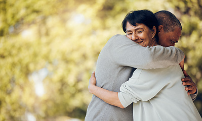 Image showing Hug, outdoor and senior couple with love, marriage or support with romance, relax or relationship. Relationship, old man or elderly woman embrace, romantic or retirement with smile or loving together