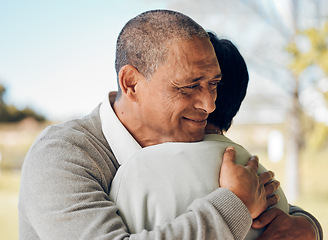 Image showing Mature couple hug in park, love and support, trust with bonding and marriage while outdoor. Life partner, retirement together and romance, people in garden with healthy relationship and care