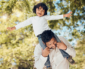 Image showing Father, portrait or piggyback with child in park for fun bonding, games or energy in backyard garden. Smile, airplane or playing dad carrying boy kid with parent, family or support activity in nature