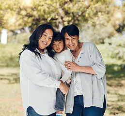 Image showing Portrait of woman, mother or child in garden with love or care on mothers day or women bonding. Retirement, smile or mom in park together on a happy family holiday vacation with kid or grandma