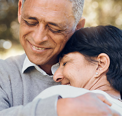 Image showing Hug, outdoor and senior couple with love, smile and support with romance, bonding or relationship. Marriage, old man or elderly woman embrace, romantic or retirement with happiness or loving together