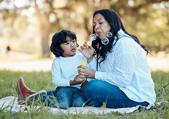 Image showing Bubbles, nature and mother with child on a picnic for bonding time together on grass in summer. Happy, love and young mom with her boy baby kid blowing liquid for playing in an outdoor green garden.