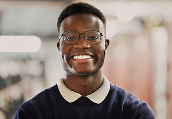 Image showing Student, university and portrait of black man for education, learning and excited for future career on campus. Face of African person in library with glasses for research, school project and studying