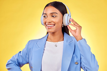Image showing Headphones, smile or businesswoman streaming music or thinking of podcast on yellow background. Happy, relax or entrepreneur listening to radio song or audio sound on subscription playlist on a break