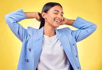 Image showing Happy woman, relax or business fashion in studio with smile or confidence on a break on yellow background. Designer, entrepreneur or female creative worker from India resting with pride or wellness