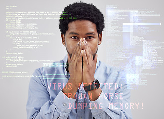 Image showing Black man, surprised portrait and computer virus overlay with online scam and hacker malware. Software glitch, error and system fail of a male professional with tech error, user problem and stress