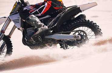 Image showing Sports, speed and person on motorbike in desert for training, workout and challenge on sand. Extreme transport, travel and cyclist with motorcycle in action for adventure, freedom and adrenaline