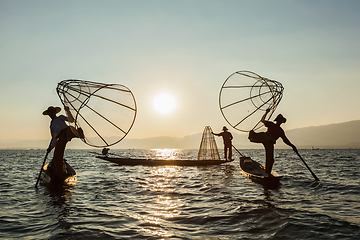 Image showing Burmese fisherman at Inle lake, Myanmar