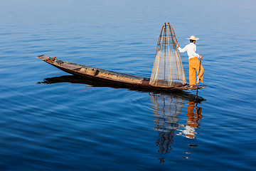 Image showing Burmese fisherman at Inle lake, Myanmar