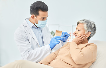Image showing Senior woman, dentist and toothache with healthcare, cleaning and dental work at clinic. Elderly patient, pain and consultation for oral hygiene and health with cavity exam and dentistry check