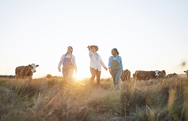 Image showing Cow, farm and employees in countryside working and helping on cattle, live stock or sustainable farming with women. Farmer, manager and pointing worker to animals, grass, grain or rural environment