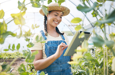 Image showing Woman, farmer or tablet in greenhouse for agriculture, gardening or sustainability of plants. Happy worker, digital tech or farming app for organic food production, inspection or sustainable business