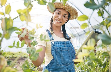 Image showing Woman, gardening and tablet in greenhouse for agriculture, check plants and ecology analysis. Happy farmer, sustainable business owner and digital tech for farming app, leaf growth or agro inspection