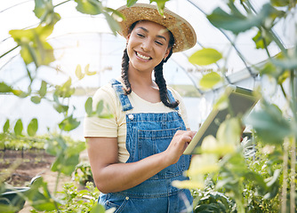 Image showing Happy, woman and gardening on tablet in greenhouse for agriculture, farming plants or eco supply chain. Farmer, digital tech or sustainable business app for food production, agro growth or inspection