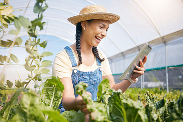 Image showing Farmer, happy woman and tablet in greenhouse, agro business results and vegetables or agriculture e commerce. Young worker farming, reading news and sales on digital tech, food and gardening progress