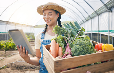 Image showing Farmer, tablet and vegetables box for agriculture, sustainability and farming in greenhouse or agro business. Person on digital technology, harvest and gardening e commerce inventory and market sales