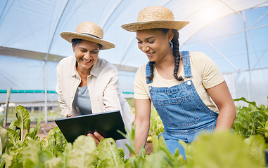 Image showing Teamwork, agriculture and women with a tablet in a greenhouse for plants and sustainability. Happy people with technology together on farm for eco growth, agro business or quality control app