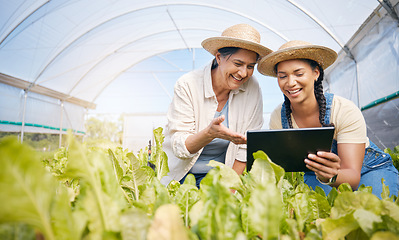 Image showing Agriculture, teamwork and women with a tablet in a greenhouse for plants and sustainability. Happy people with technology together on farm for eco growth, agro business or quality control app