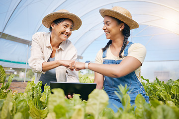 Image showing Success, agriculture and teamwork with a tablet in a greenhouse for plants or sustainability. Happy people with technology and fist bump to celebrate farm growth, agro business or quality control app