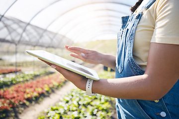 Image showing Agriculture, farming and hands with a tablet in a greenhouse for plants, innovation and sustainability. A farmer person with technology for eco growth, agro business management or quality control app