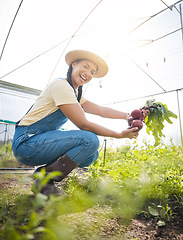 Image showing Farming, portrait of happy woman holding vegetables at sustainable small business in agriculture and organic food. Girl working at agro greenhouse, beetroot growth in garden and eco friendly smile.