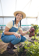 Image showing Greenhouse, portrait of happy woman holding beetroot at sustainable small business in agriculture and organic food. Girl working at agro farm, vegetable growth in garden and eco friendly with smile.