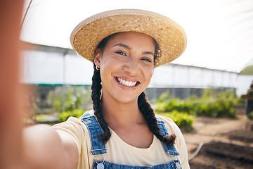Image showing Selfie, smile and a woman in a farm greenhouse for agriculture or natural sustainability in the harvest season. Portrait, farming and a happy young female farmer in a garden for eco friendly growth