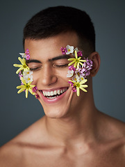 Image showing Face, happy man and flowers, beauty and nature, cosmetics and headshot with art deco isolated on studio background. Natural aesthetic, dermatology with eco friendly skincare and clean with spring