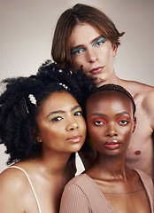 Image showing Portrait, diversity or makeup with a man and women in studio on a dark background for skincare or cosmetics. Face, friends and beauty with young people posing for inclusion or artistic freedom
