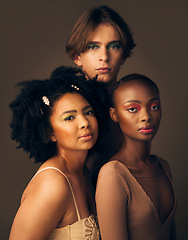 Image showing Portrait, skincare or makeup with a man and women in studio on a dark background for beauty or diversity. Face, friends and cosmetics with young people posing for inclusion or artistic freedom